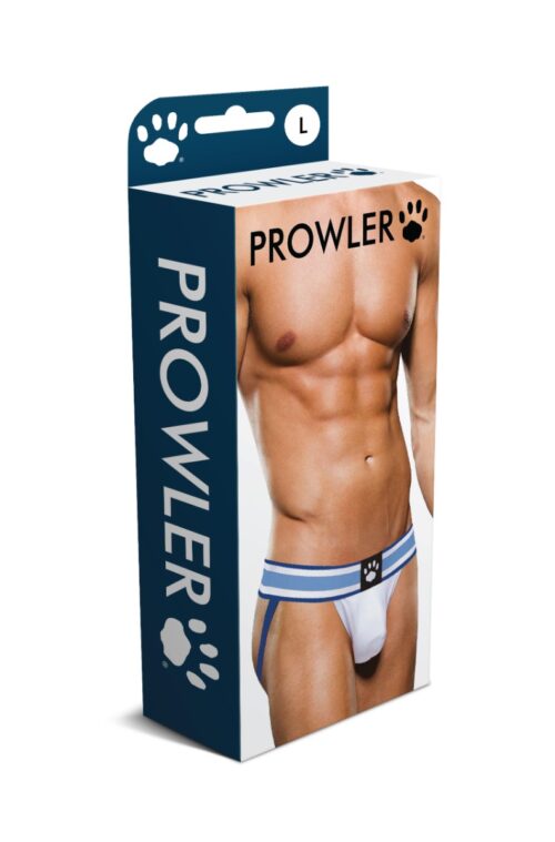 White thong with blue stripes on a model's body