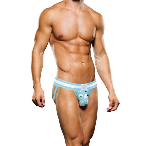 A muscular man in blue winter animal-themed underwear