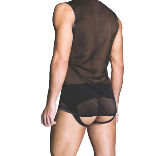 Model wearing a sheer black tank top and minimal underwear