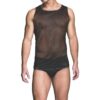 A model in a sheer black tank top and briefs