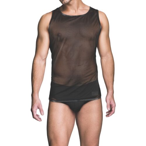 A man in a sheer black tank top