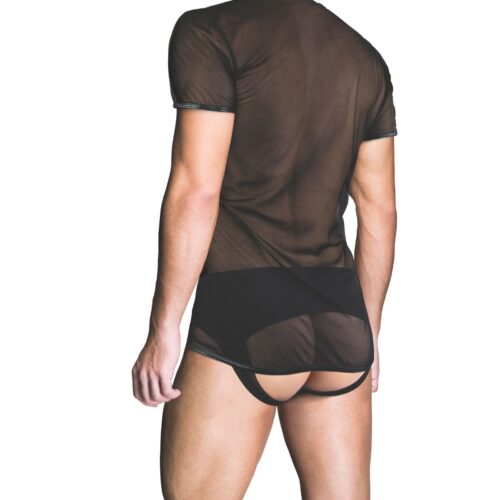 Model wearing a sheer black t-shirt and matching underwear