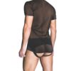 A man in a sheer black t-shirt, back view, with a black bottom
