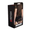 Sheer black t-shirt packaging, showcasing a model's back in a fetish style