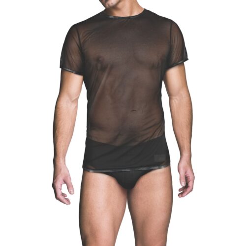 Sheer black t-shirt worn by a male model