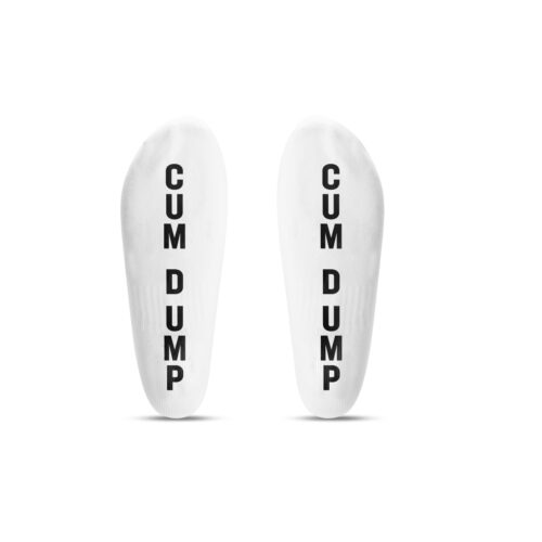 White socks with 'CUM DUMP' printed in black