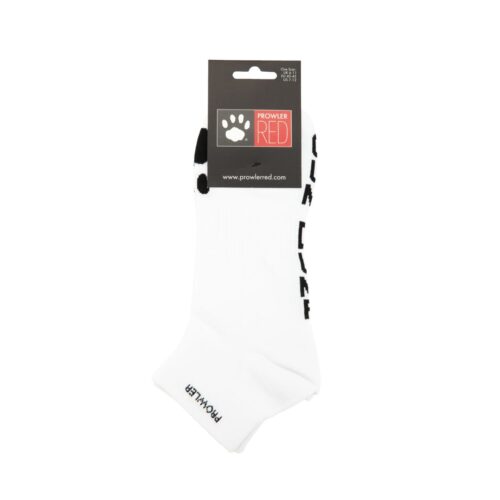 White socks with black lettering and a paw print design