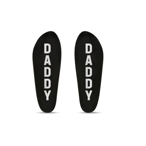 Black socks with 'DADDY' printed on them