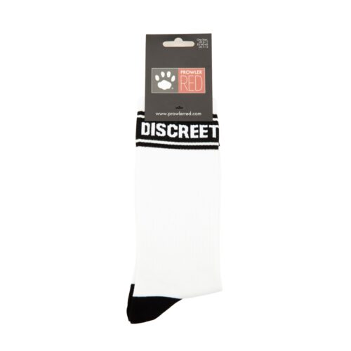 White socks with a black 'DISCREET' band
