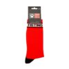 Red socks with black toe and a band that says 'FISTING'