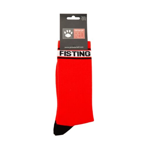 Red socks with black toe and a band that says 'FISTING'