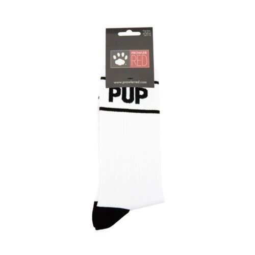 White socks with 'PUP' in black letters