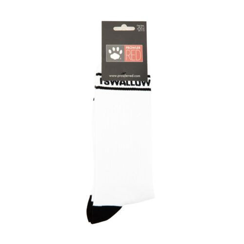 White sock with black toe and 'SWALLOW' text