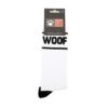 Socks with the word 'WOOF' in black on a white background