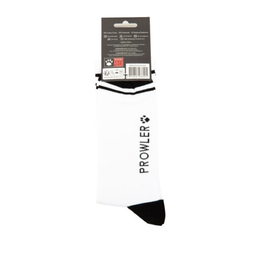 White socks with black toe and stripes, featuring the word 'PROWLER';