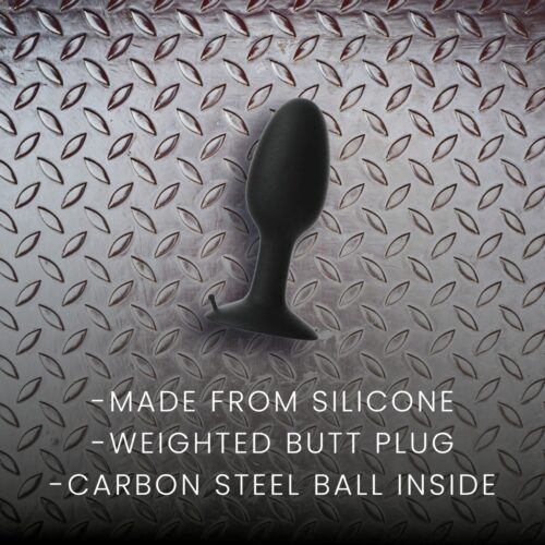 Black silicone weighted butt plug with carbon steel ball inside