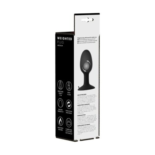 Medium weighted plug packaging, featuring care instructions and dimensions