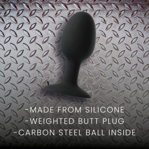 Black silicone weighted butt plug with carbon steel ball inside