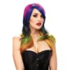 This stunning multi-colored wig is perfect for making a bold fashion statement. Model with colorful gradient wig from pink to blue, green, and orange