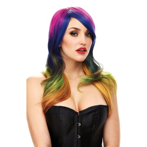 This stunning multi-colored wig is perfect for making a bold fashion statement. Model with colorful gradient wig from pink to blue, green, and orange