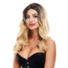 Model with long blonde wavy hair in a black corset top