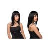 Model with sleek black hair and a black dress
