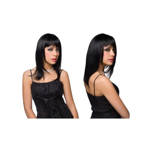 Model with sleek black hair and a black dress