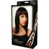 Wig packaging featuring a model with long black hair and a necklace