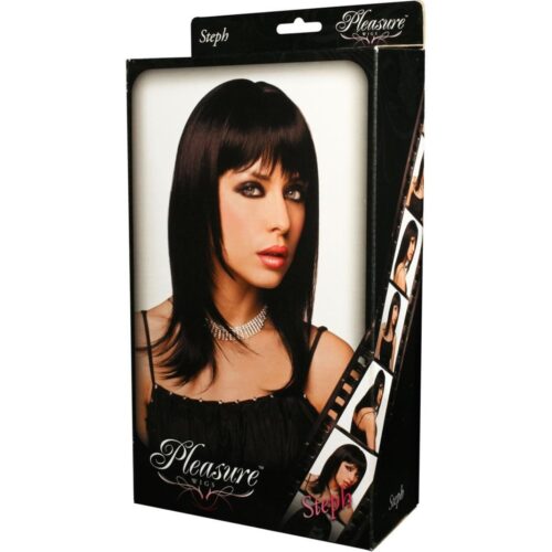 Wig packaging featuring a model with long black hair and a necklace