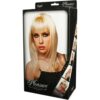 Wig packaging featuring a blonde model with dramatic makeup