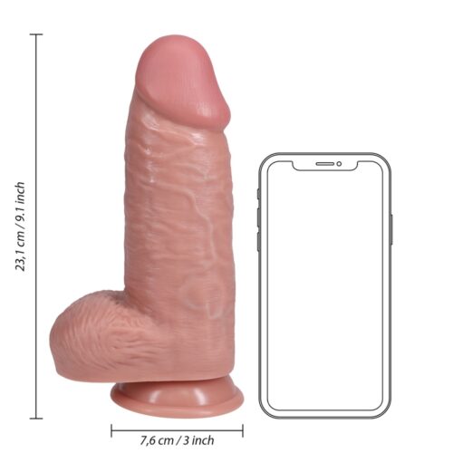Real Rock Extra Thick Realistic Dildo with balls, next to an illustration of a phone for