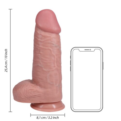 Real Rock Extra Thick Realistic Dildo with Balls, displayed beside a phone for size refer