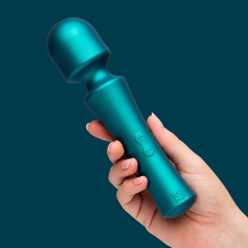 Romp Presto Wand Vibrator in green, held in a hand