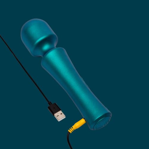 Romp Presto Wand Vibrator in green with USB charging cord