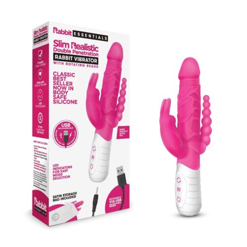 rr-007pnk_with_pkg1jpg Rabbit Essentials Rechargeable Slim Double Penetration Rabbit Vibrator