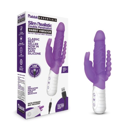 rr-007pur_with_pkg1jpg Rabbit Essentials Rechargeable Slim Double Penetration Rabbit Vibrator
