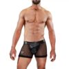 Muscular man in black mesh shorts with leather waistband