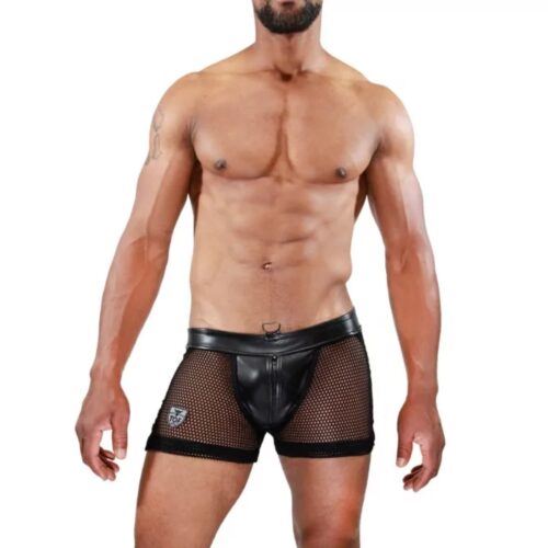 Muscular man in black mesh shorts with leather waistband