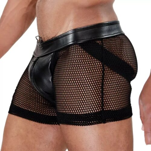Model wearing black mesh shorts with leather waistband and zipper