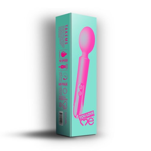 Pink 'You Love Me Take Me' wand vibrator packaging