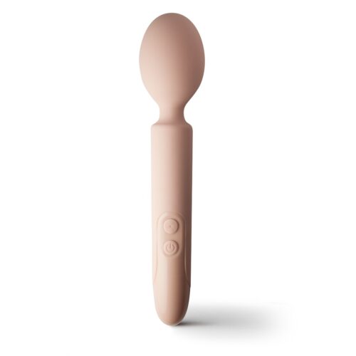 Pink wand vibrator with a rounded tip and control buttons