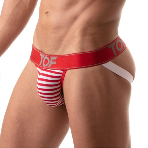 Male model wearing red and white striped underwear