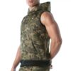 Model in a camo sleeveless hoodie