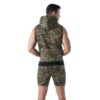 Model wearing a camouflage sleeveless hoodie and shorts