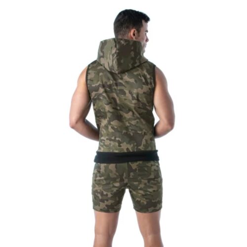 Model wearing a camouflage sleeveless hoodie and shorts
