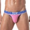 Man wearing a pink thong with a blue TOF GEAR waistband