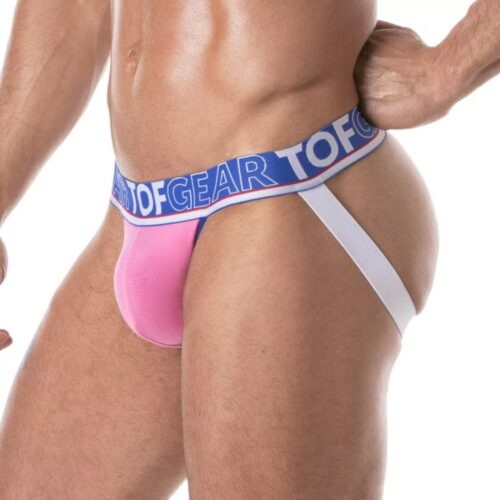 Model wearing a pink thong with a blue waistband