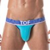 Man in turquoise thong with 'TOF GEAR' waistband