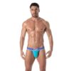 A muscular man wearing turquoise thong underwear with a blue waistband