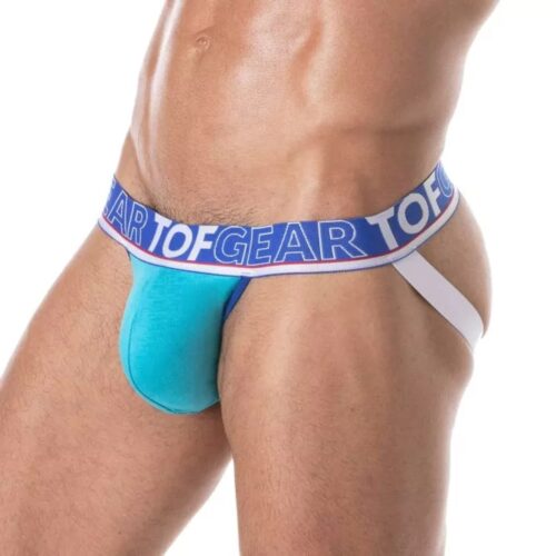 Turquoise thong underwear with 'TOFGEAR' waistband